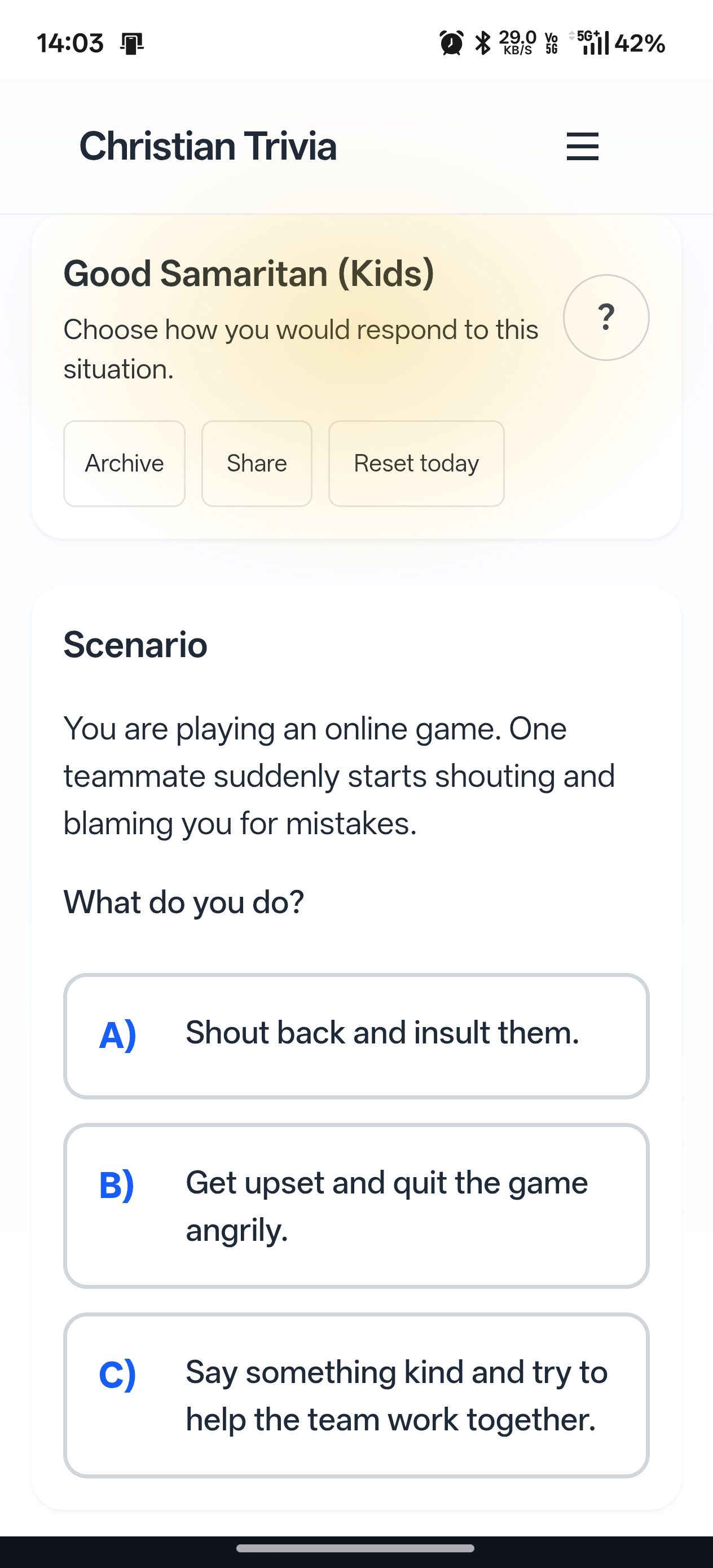 Good Samaritan trivia game screen
