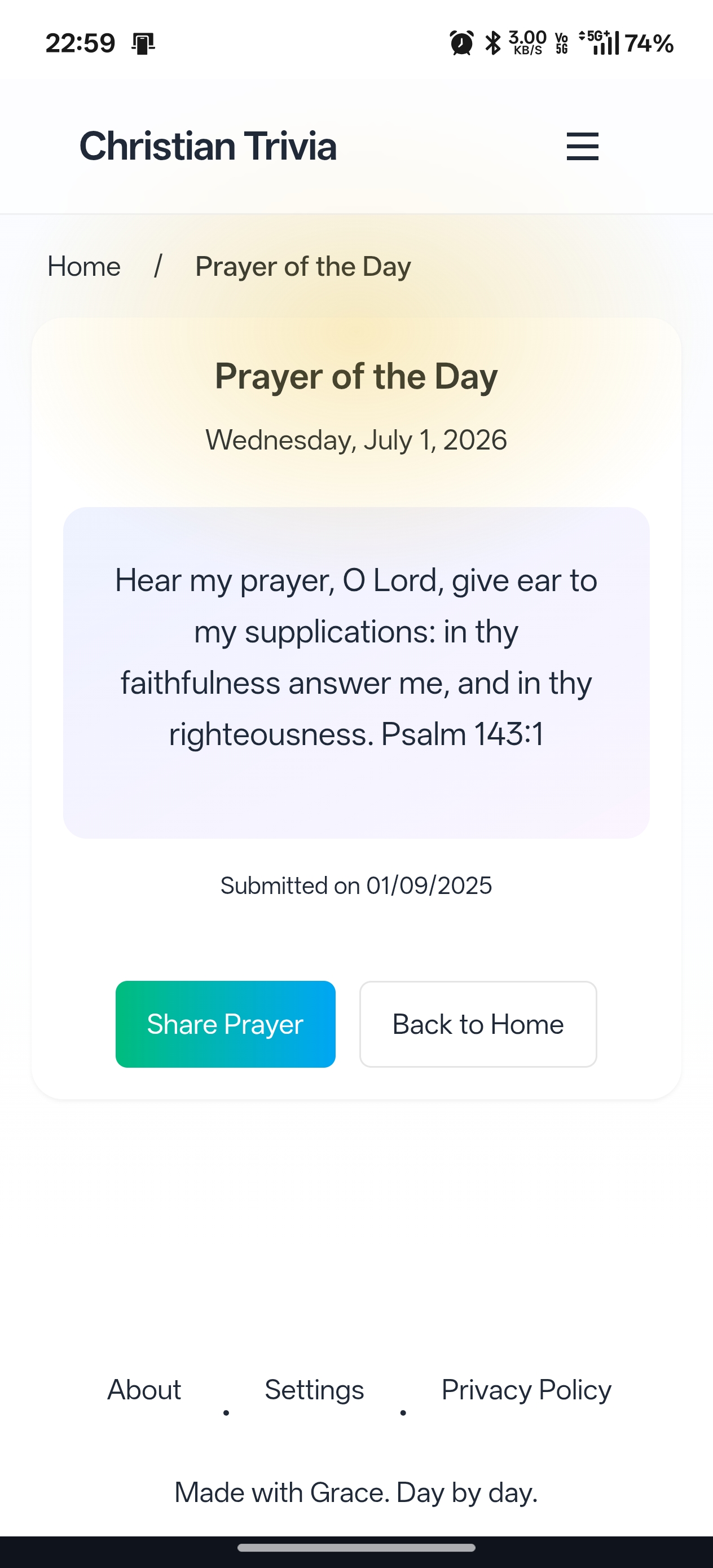 Prayer trivia game screen