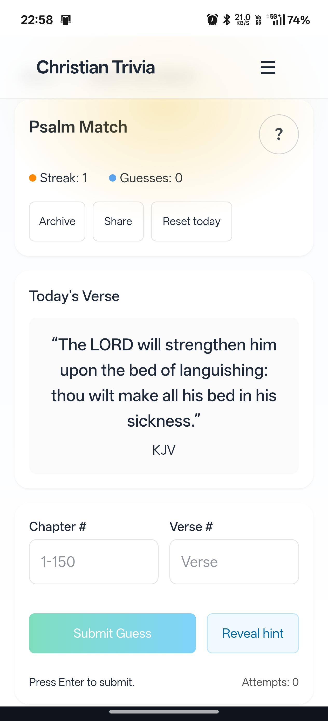 Psalms trivia game screen