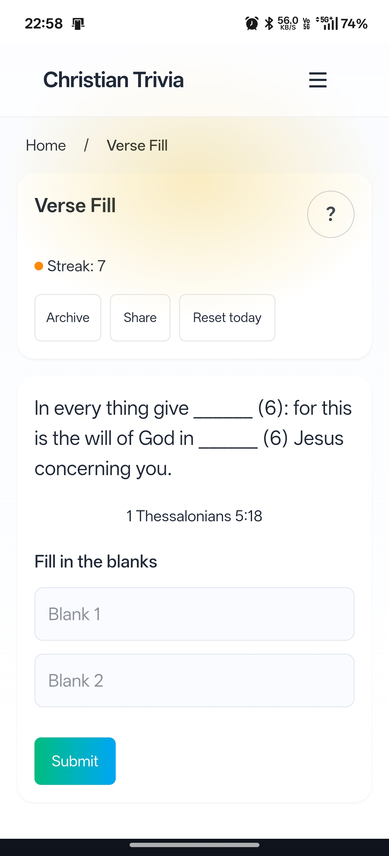 Verse Fill trivia game screen