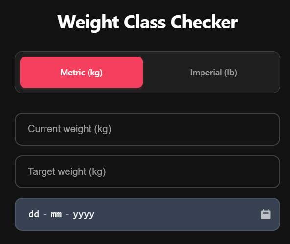 Weight Class Checker on BigBMMA — metric and imperial inputs with competition date